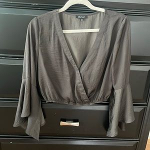 Dark gray satin crop with flare sleeve